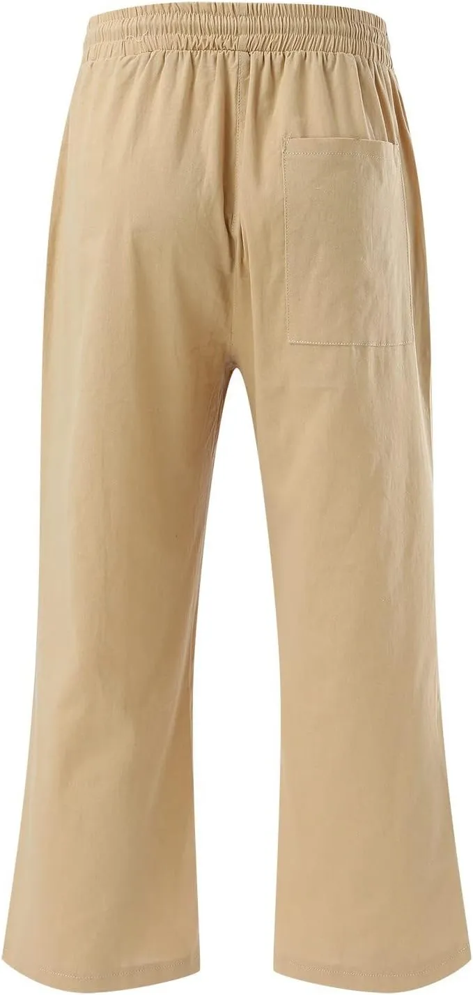 Capri Pants for Women Summer Casual Lounge Pants Cropped Cotton Linen Comfy Drawstring Baggy Trousers with Pockets