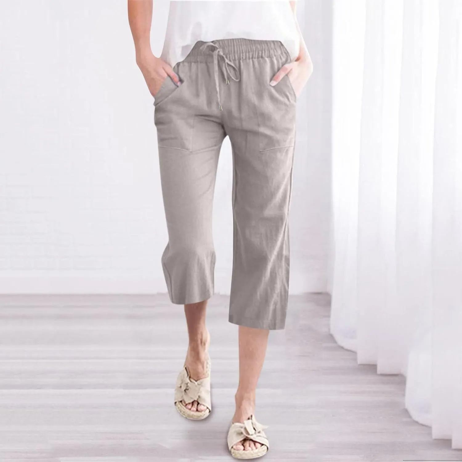Capri Pants for Women Summer Casual Lounge Pants Cropped Cotton Linen Comfy Drawstring Baggy Trousers with Pockets