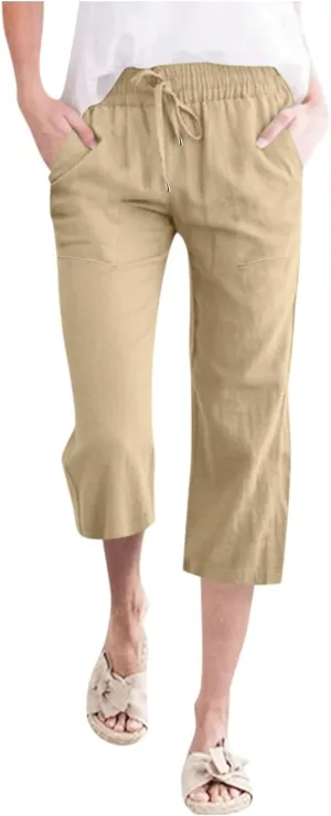 Capri Pants for Women Summer Casual Lounge Pants Cropped Cotton Linen Comfy Drawstring Baggy Trousers with Pockets