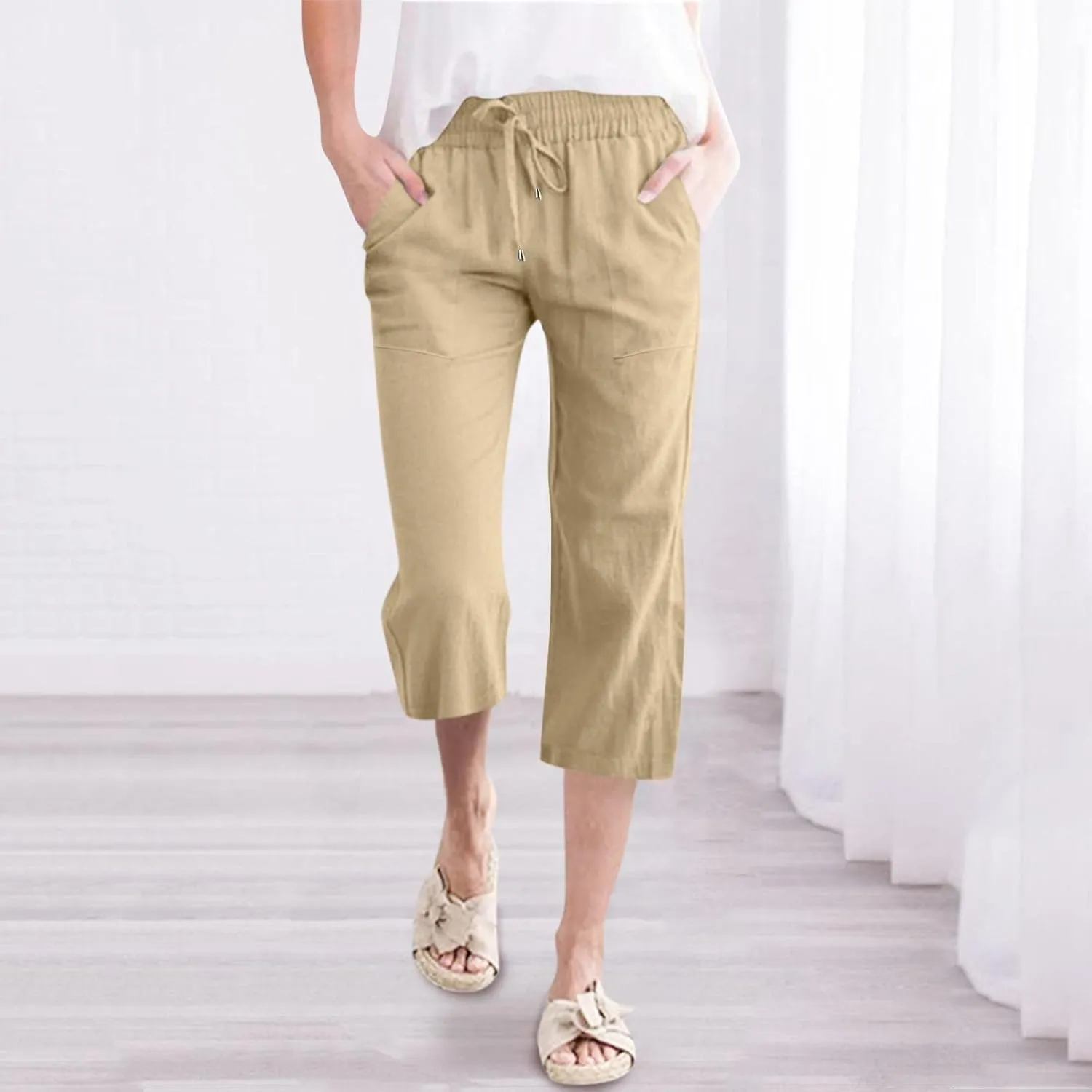 Capri Pants for Women Summer Casual Lounge Pants Cropped Cotton Linen Comfy Drawstring Baggy Trousers with Pockets