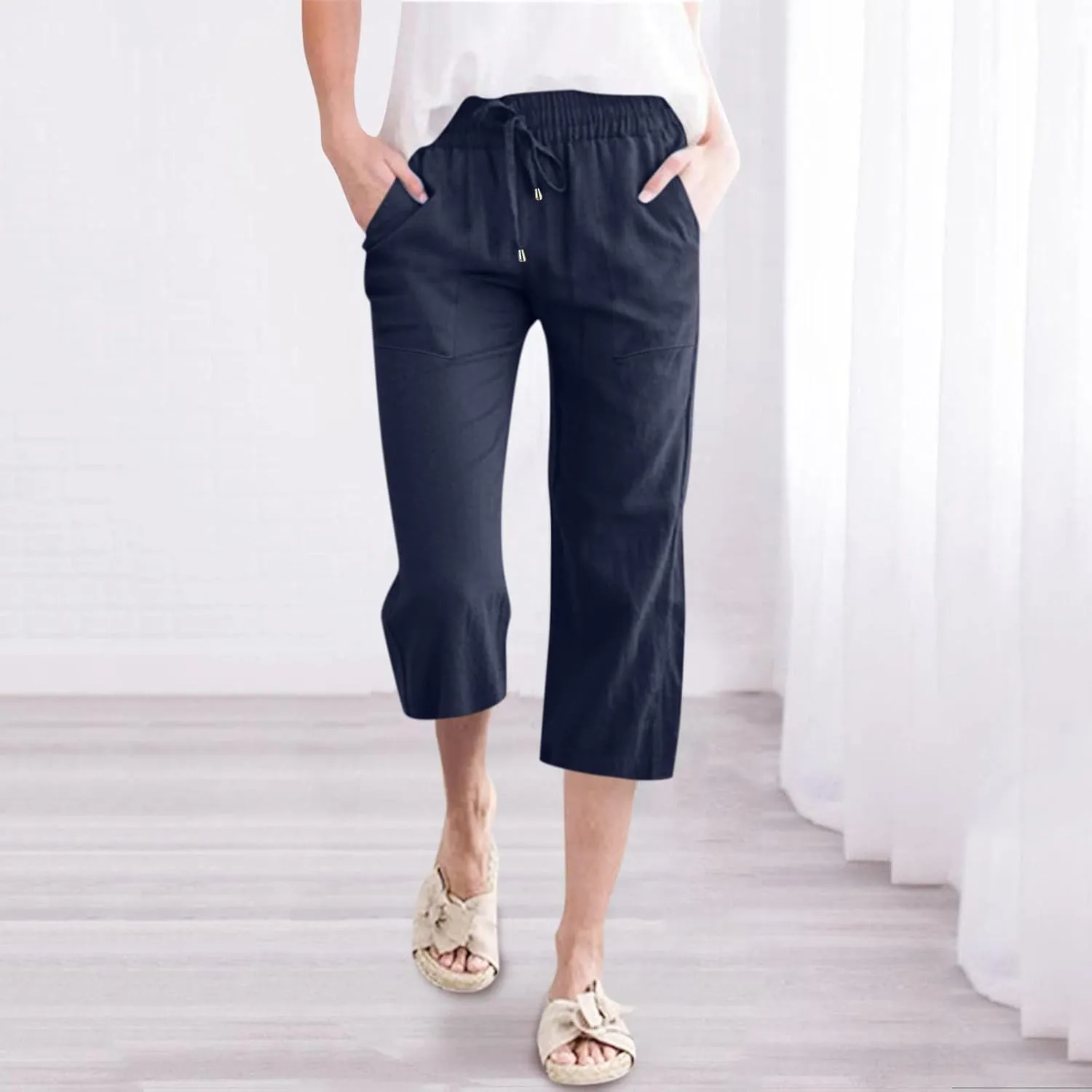 Capri Pants for Women Summer Casual Lounge Pants Cropped Cotton Linen Comfy Drawstring Baggy Trousers with Pockets