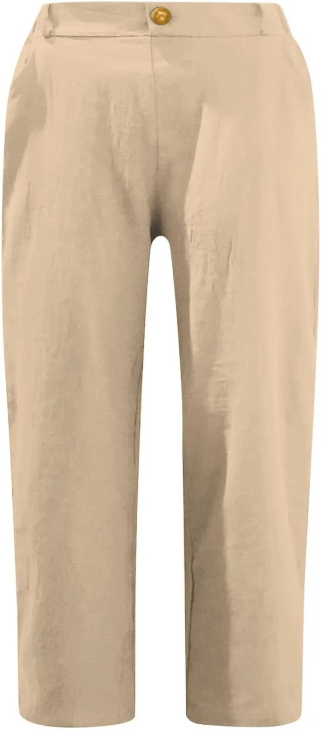 Capri Pants for Women Summer Casual Lounge Straight Leg Pants Cropped Cotton Linen Comfy Baggy Trousers with