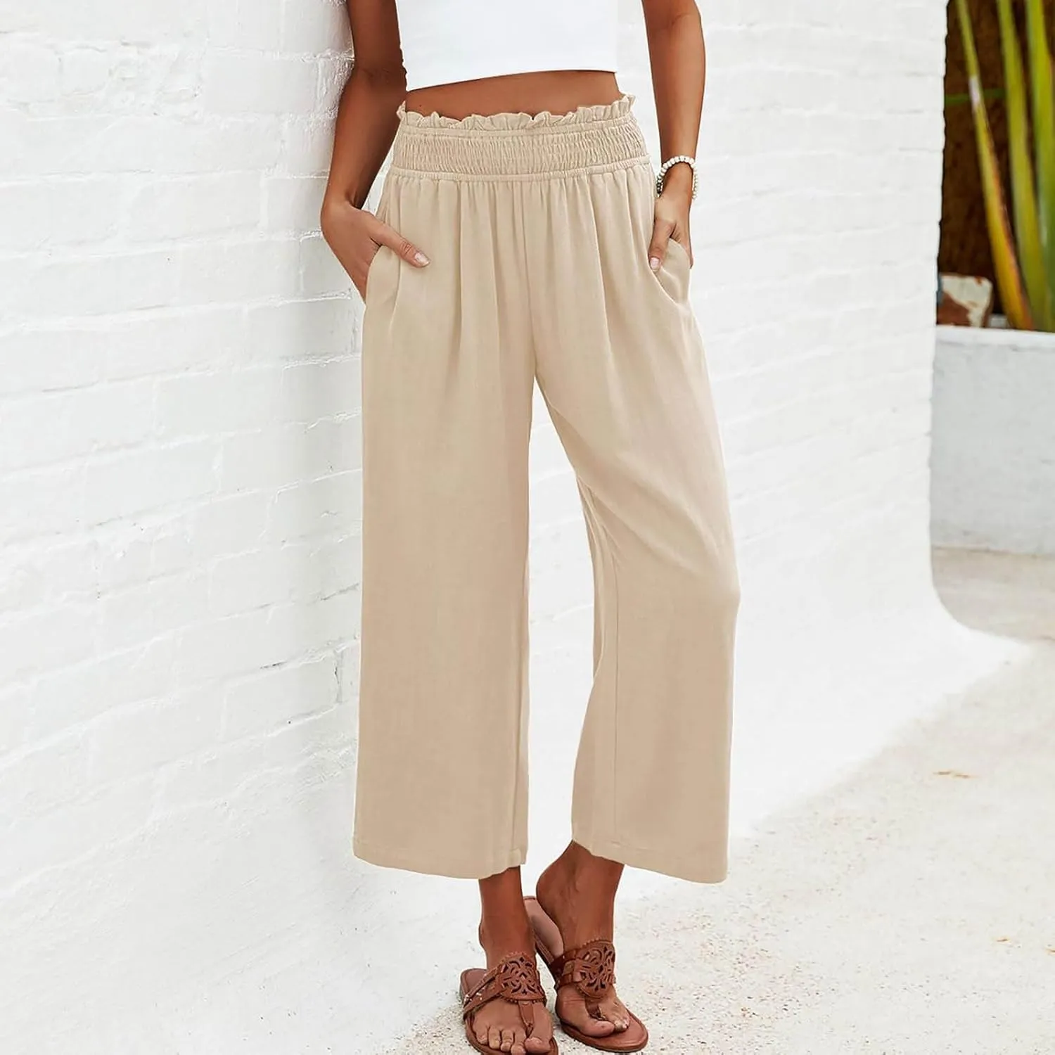Capri Pants for Women Summer Cotton Linen High Waisted Wide Leg Pants Casual Lace Elastic Band Trousers with Pockets