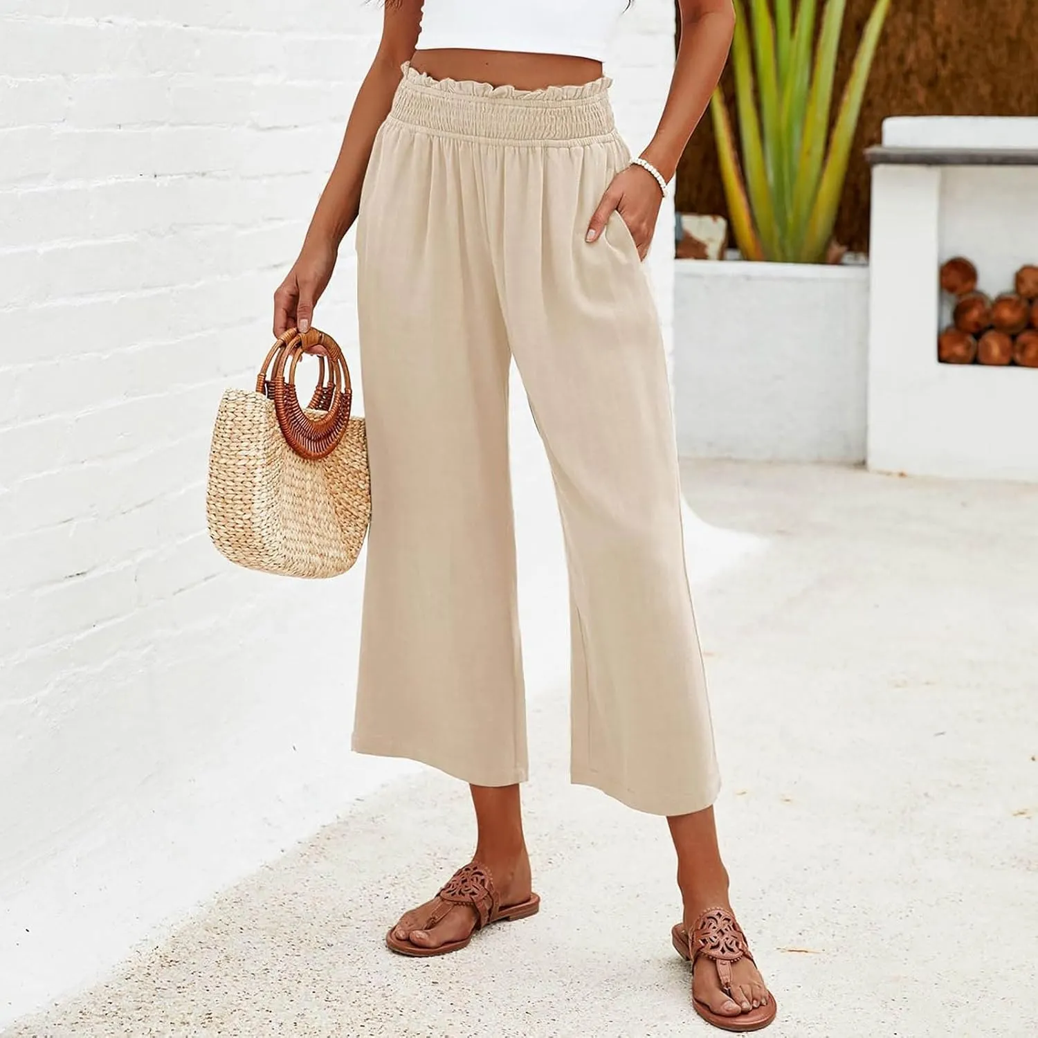 Capri Pants for Women Summer Cotton Linen High Waisted Wide Leg Pants Casual Lace Elastic Band Trousers with Pockets