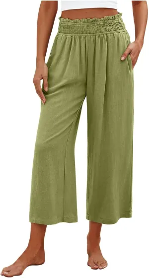 Capri Pants for Women Summer Cotton Linen High Waisted Wide Leg Pants Casual Lace Elastic Band Trousers with Pockets