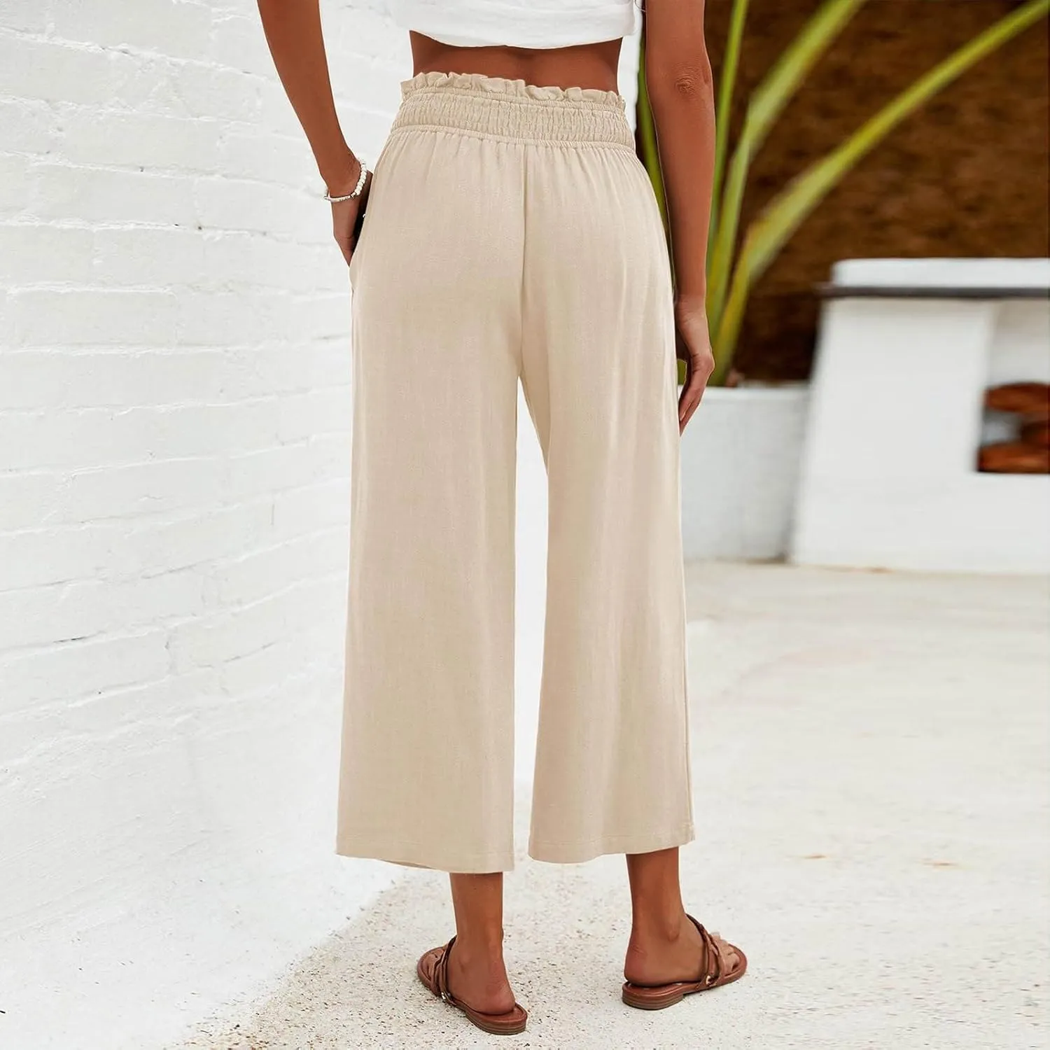 Capri Pants for Women Summer Cotton Linen High Waisted Wide Leg Pants Casual Lace Elastic Band Trousers with Pockets