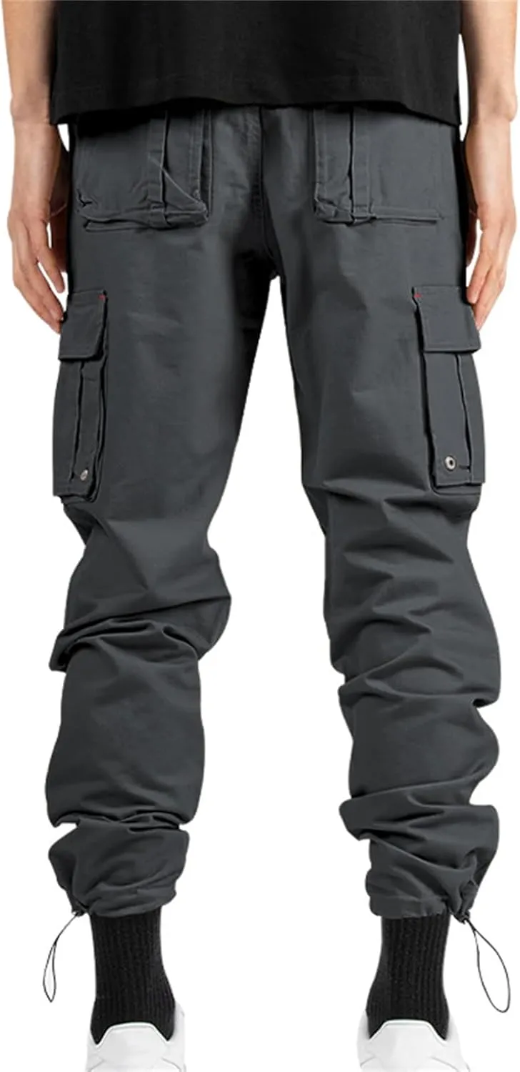 Cargo Pants for Men Hiking Stretch Casual Trendy Pants Elastic Waist Drawstring Outdoor Workout Trousers with Pockets