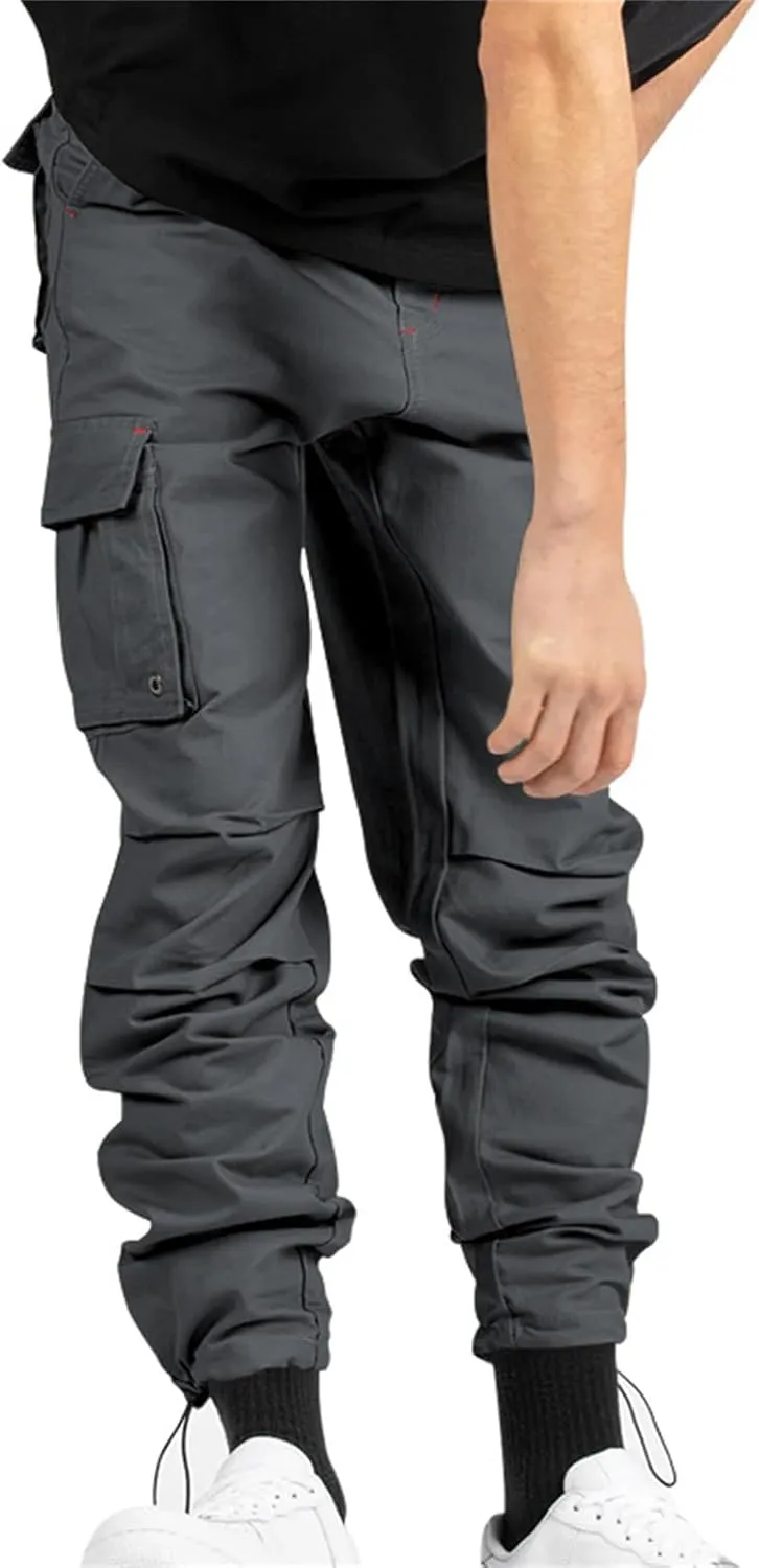 Cargo Pants for Men Hiking Stretch Casual Trendy Pants Elastic Waist Drawstring Outdoor Workout Trousers with Pockets