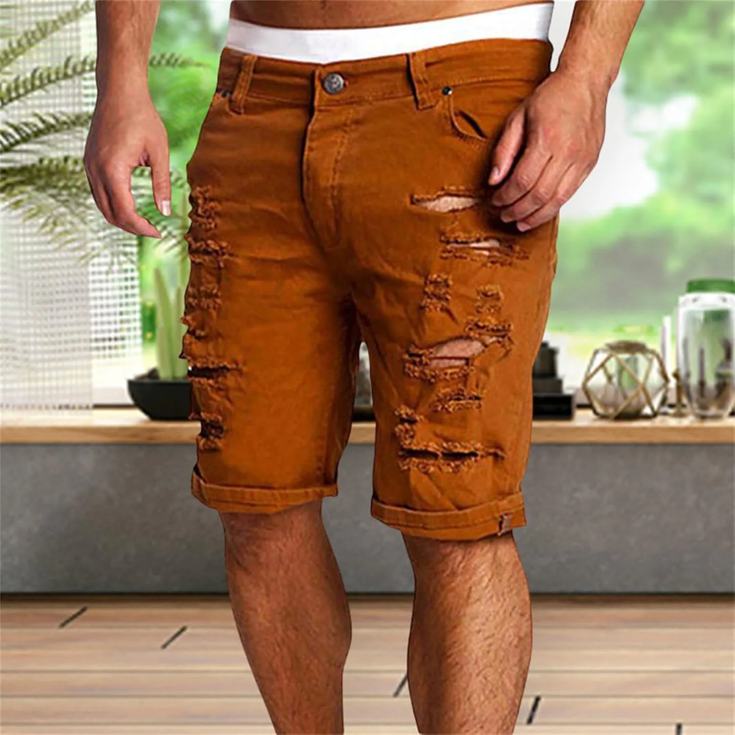 Casual Denim Shorts for Men Stretch Slim Fit Washed Distressed Hole Ripped Roll Up Hem Moto Biker Jean Shorts with Pockets