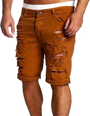 Casual Denim Shorts for Men Stretch Slim Fit Washed Distressed Hole Ripped Roll Up Hem Moto Biker Jean Shorts with Pockets