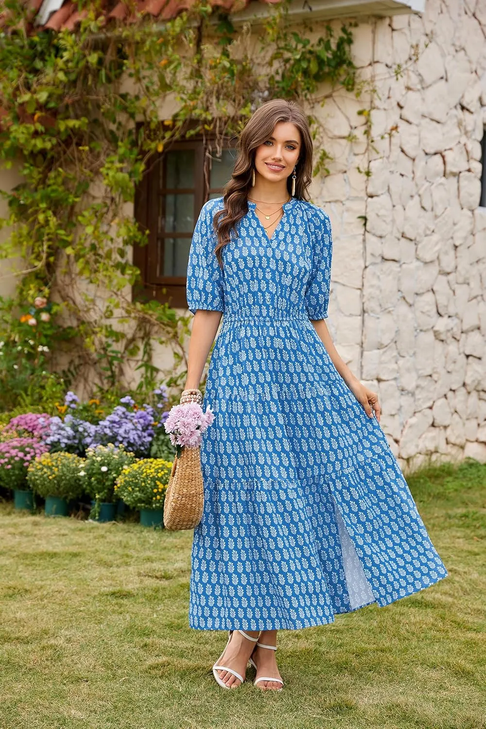 CCTOO Womens Floral Maxi Dress: Casual Short Sleeve V Neck Button Elastic Waist Slit A Line Tiered Dresses with Pockets