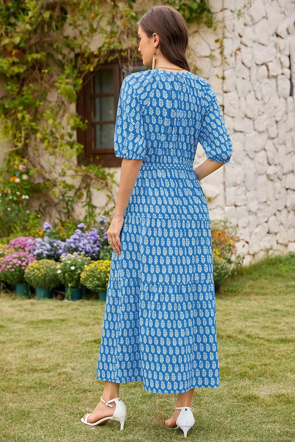 CCTOO Womens Floral Maxi Dress: Casual Short Sleeve V Neck Button Elastic Waist Slit A Line Tiered Dresses with Pockets
