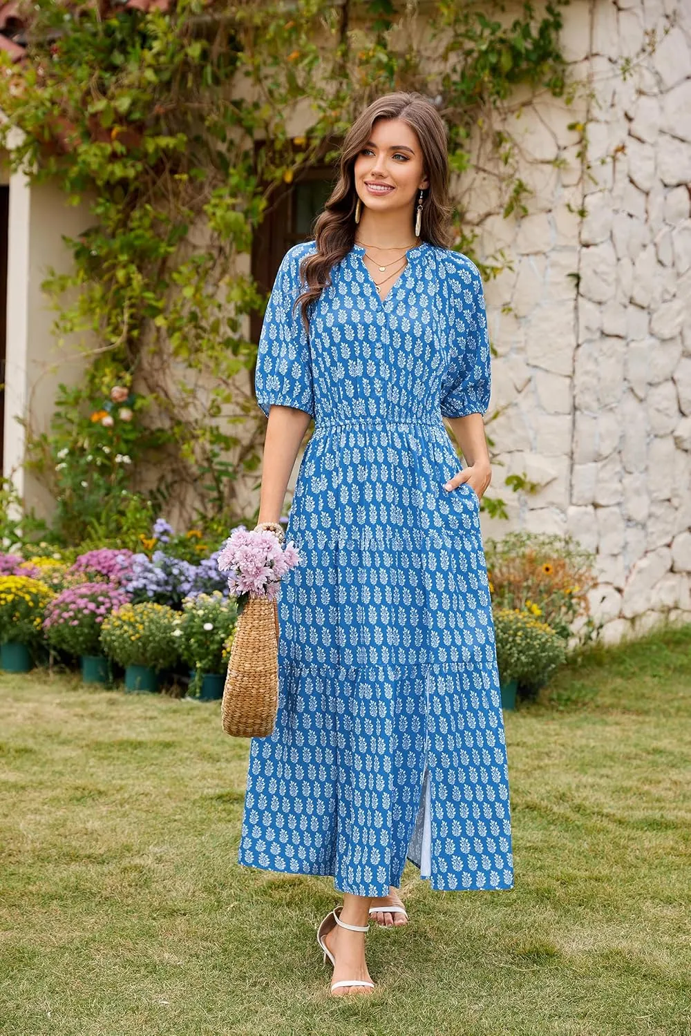 CCTOO Womens Floral Maxi Dress: Casual Short Sleeve V Neck Button Elastic Waist Slit A Line Tiered Dresses with Pockets