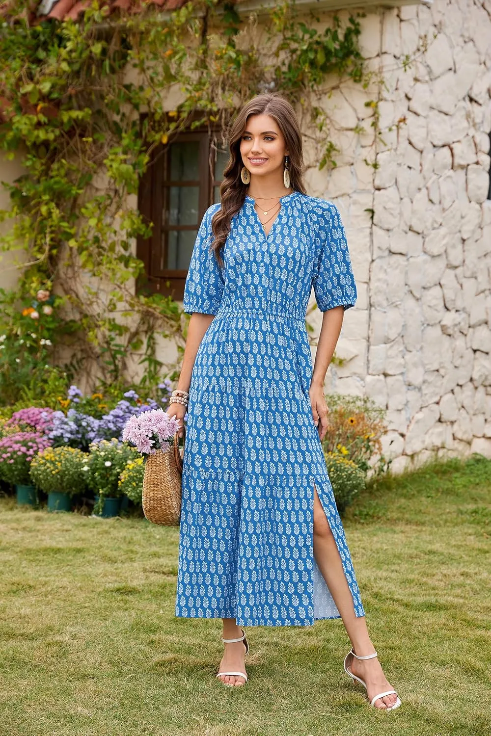 CCTOO Womens Floral Maxi Dress: Casual Short Sleeve V Neck Button Elastic Waist Slit A Line Tiered Dresses with Pockets
