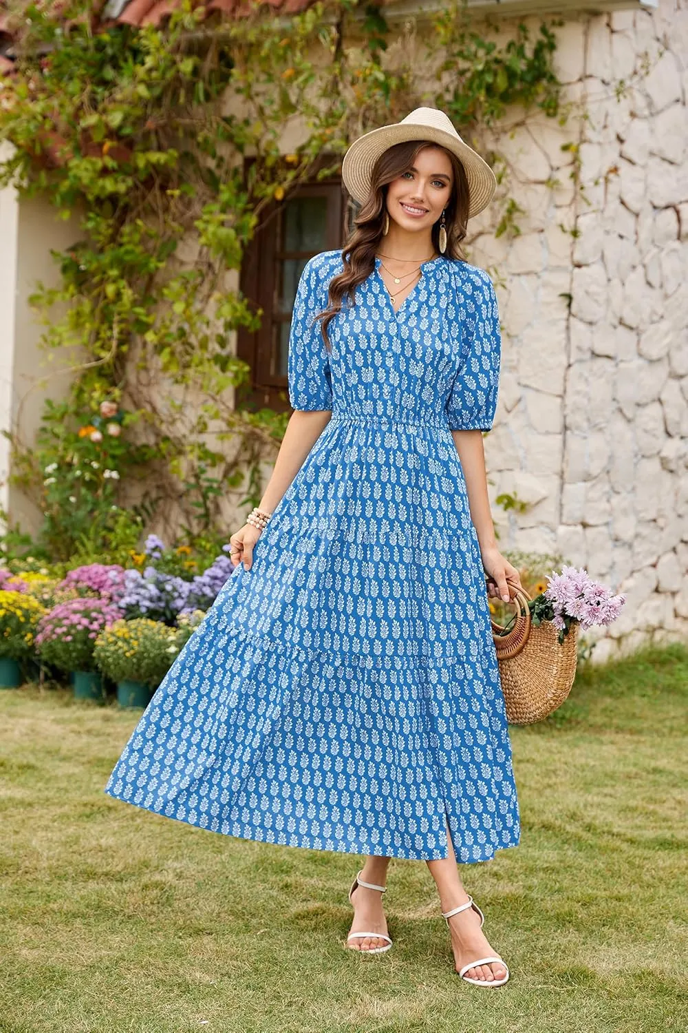 CCTOO Womens Floral Maxi Dress: Casual Short Sleeve V Neck Button Elastic Waist Slit A Line Tiered Dresses with Pockets