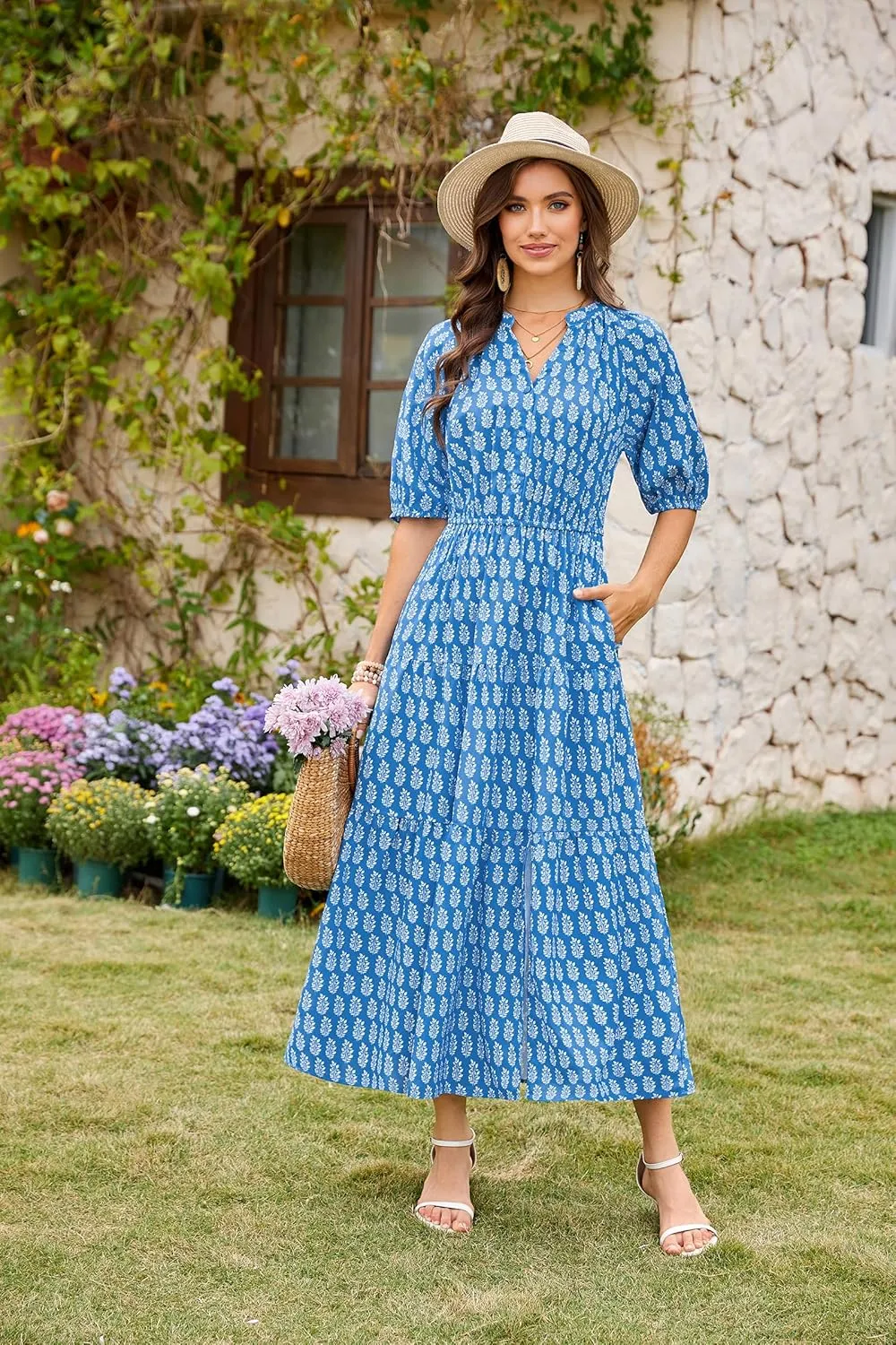 CCTOO Womens Floral Maxi Dress: Casual Short Sleeve V Neck Button Elastic Waist Slit A Line Tiered Dresses with Pockets
