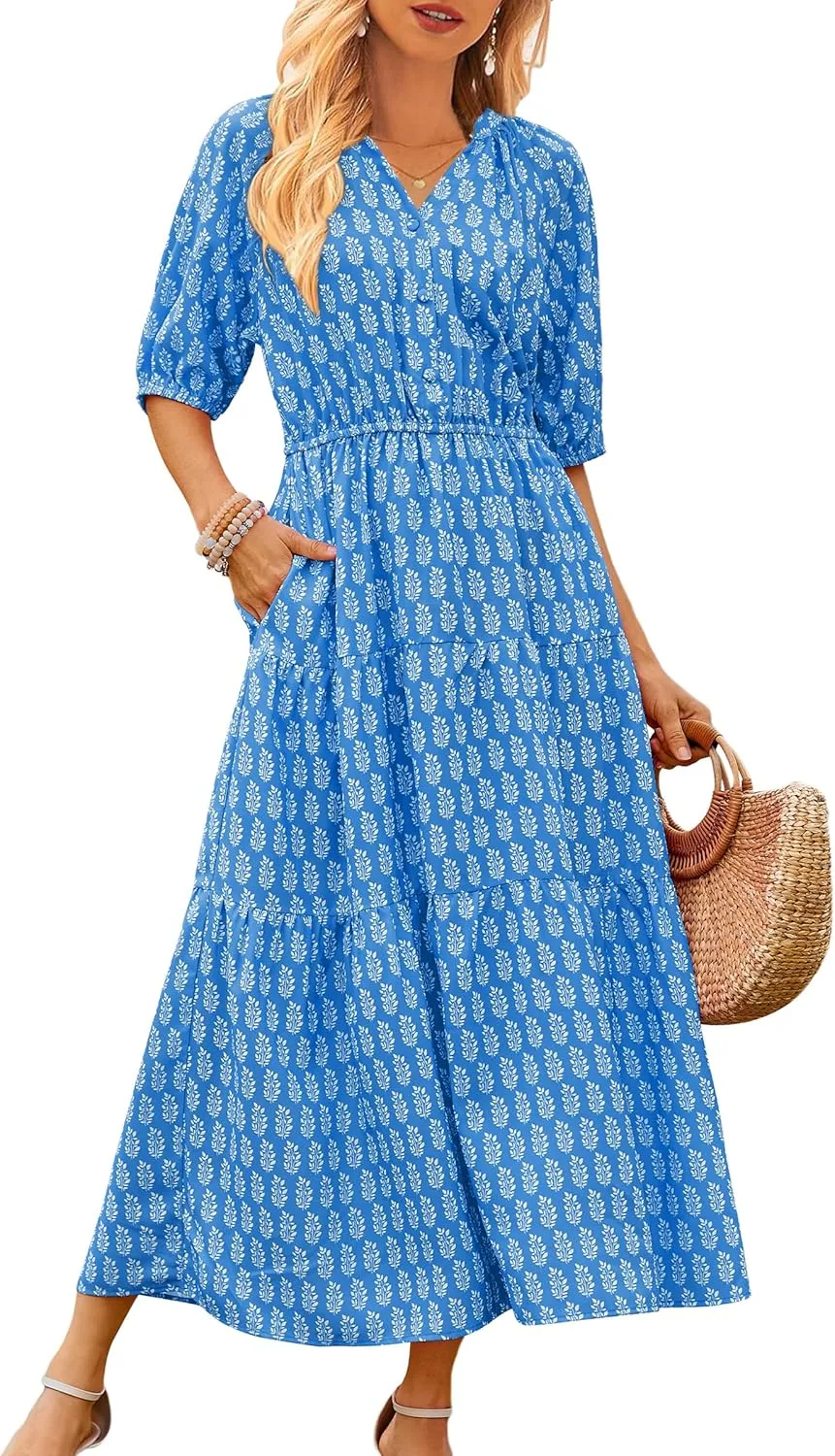 CCTOO Womens Floral Maxi Dress: Casual Short Sleeve V Neck Button Elastic Waist Slit A Line Tiered Dresses with Pockets