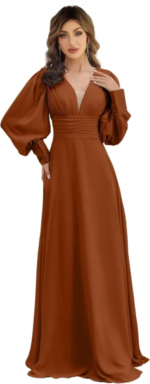 Chiffon Bridesmaid Dress Double V Neck Maxi Evening Gowns for Women Long Lantern Sleeve Formal Dress