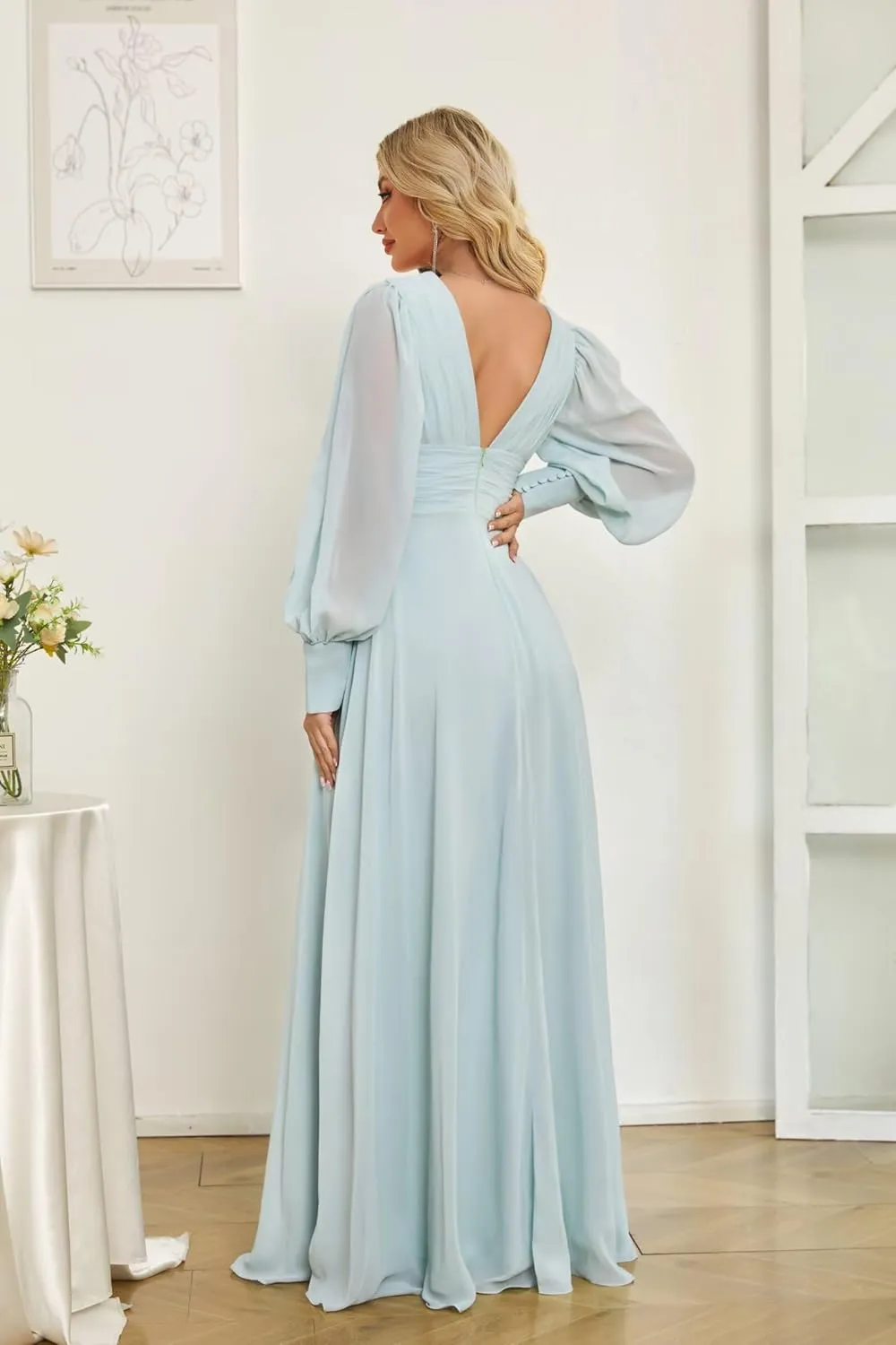 Chiffon Bridesmaid Dress Double V Neck Maxi Evening Gowns for Women Long Lantern Sleeve Formal Dress