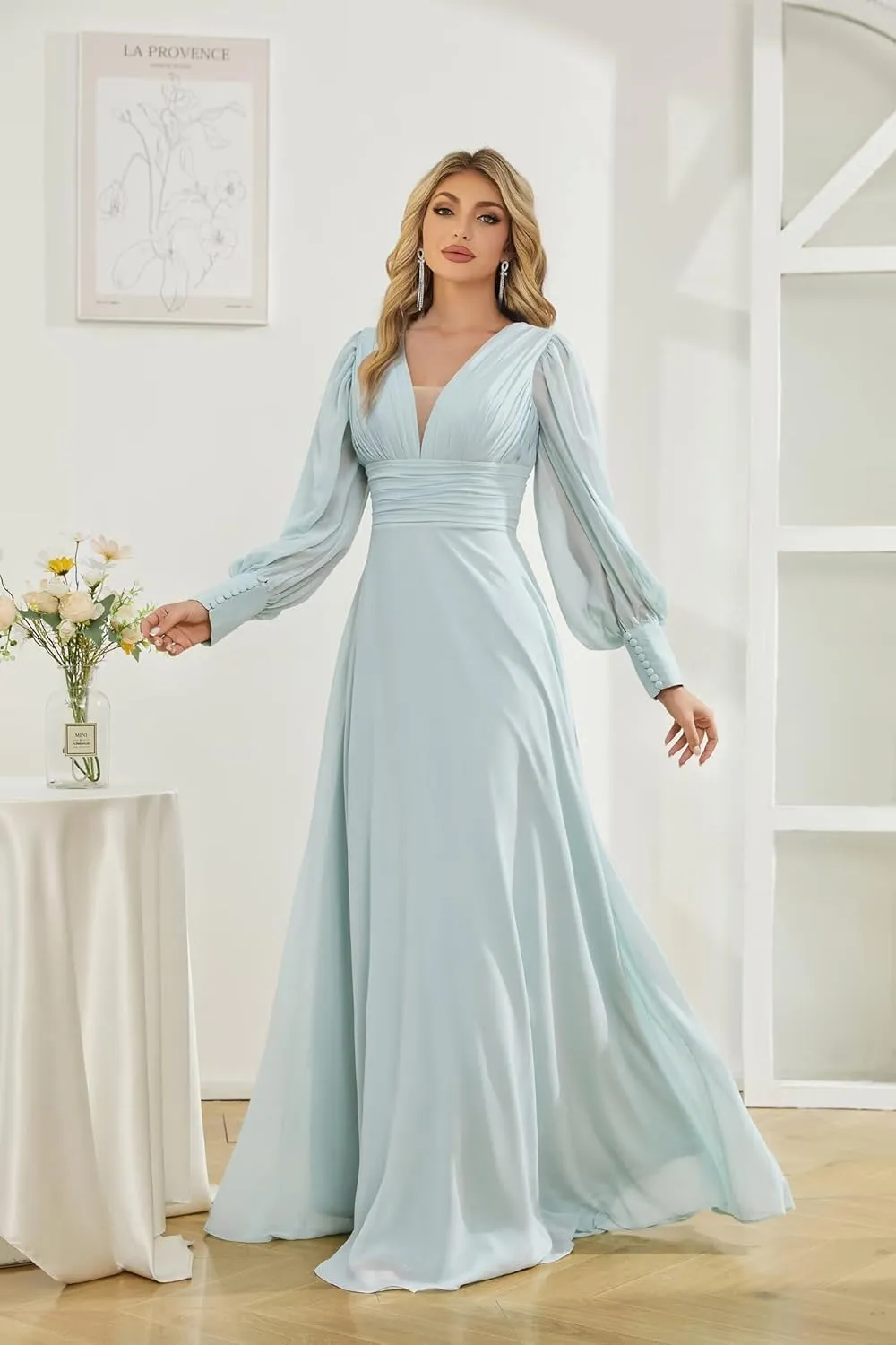 Chiffon Bridesmaid Dress Double V Neck Maxi Evening Gowns for Women Long Lantern Sleeve Formal Dress