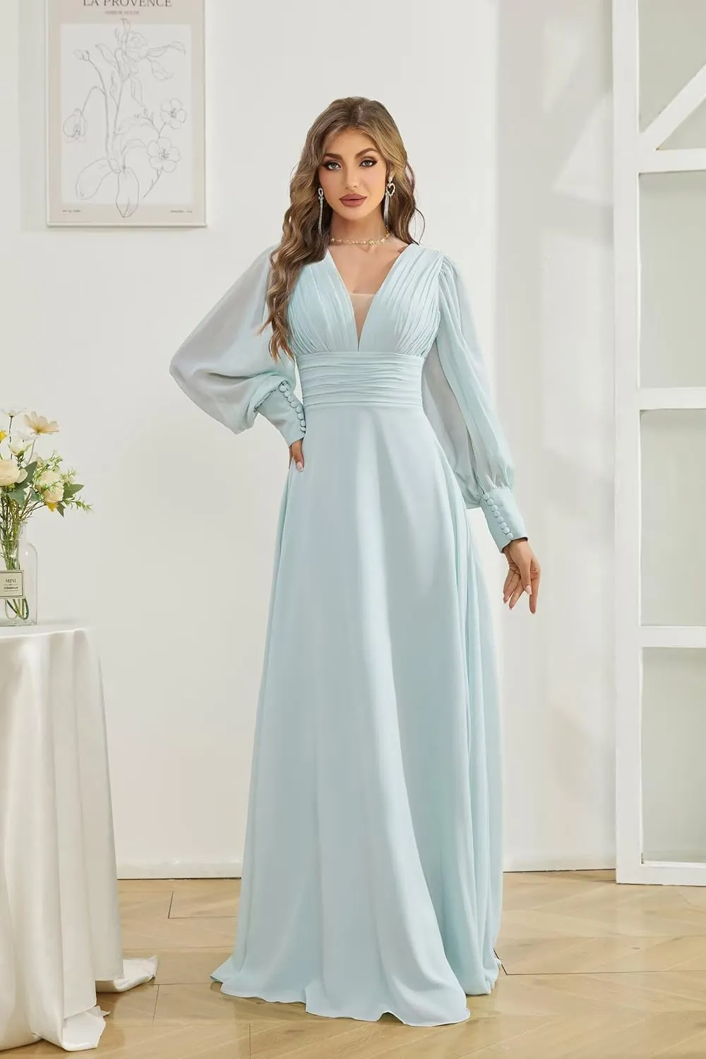 Chiffon Bridesmaid Dress Double V Neck Maxi Evening Gowns for Women Long Lantern Sleeve Formal Dress