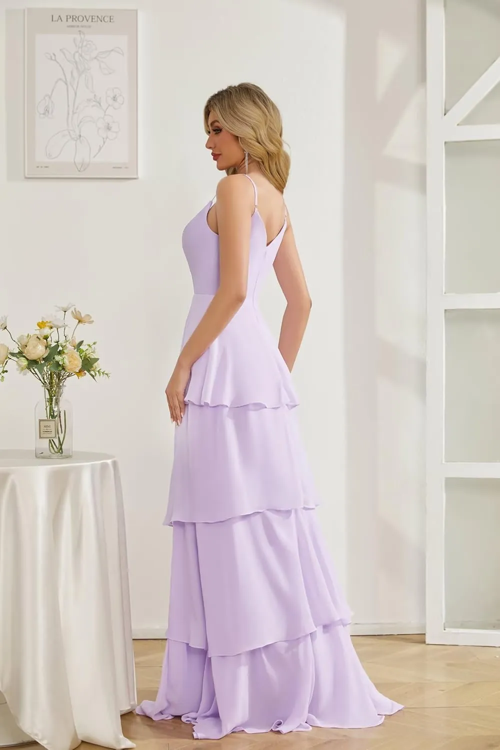 Chiffon Bridesmaid Dress V Neck Maxi Ruffle Tiered Evening Gowns for Women Spaghetti Straps Formal Dress