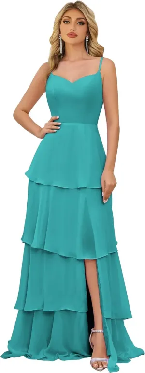 Chiffon Bridesmaid Dress V Neck Maxi Ruffle Tiered Evening Gowns for Women Spaghetti Straps Formal Dress