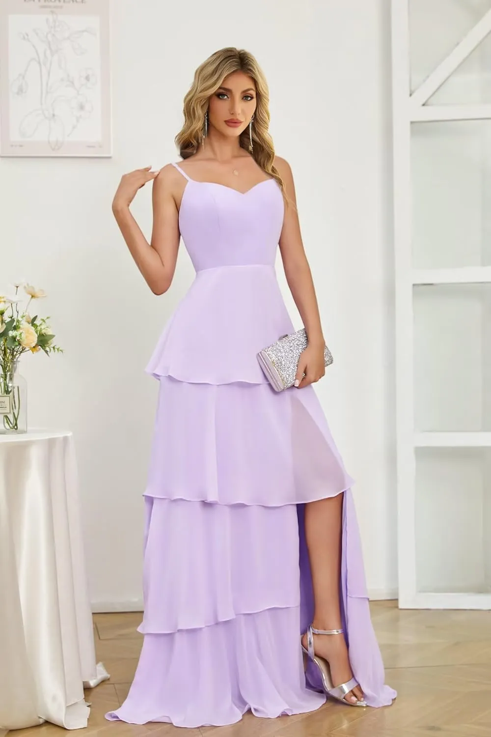 Chiffon Bridesmaid Dress V Neck Maxi Ruffle Tiered Evening Gowns for Women Spaghetti Straps Formal Dress