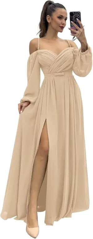 Chiffon Bridesmaid Dresses for Women 2024 Long Slit Off Shoulder A Line Formal Evening Gown
