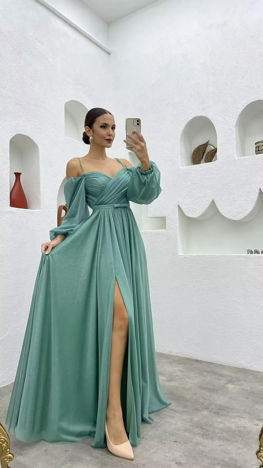 Chiffon Bridesmaid Dresses for Women 2024 Long Slit Off Shoulder A Line Formal Evening Gown
