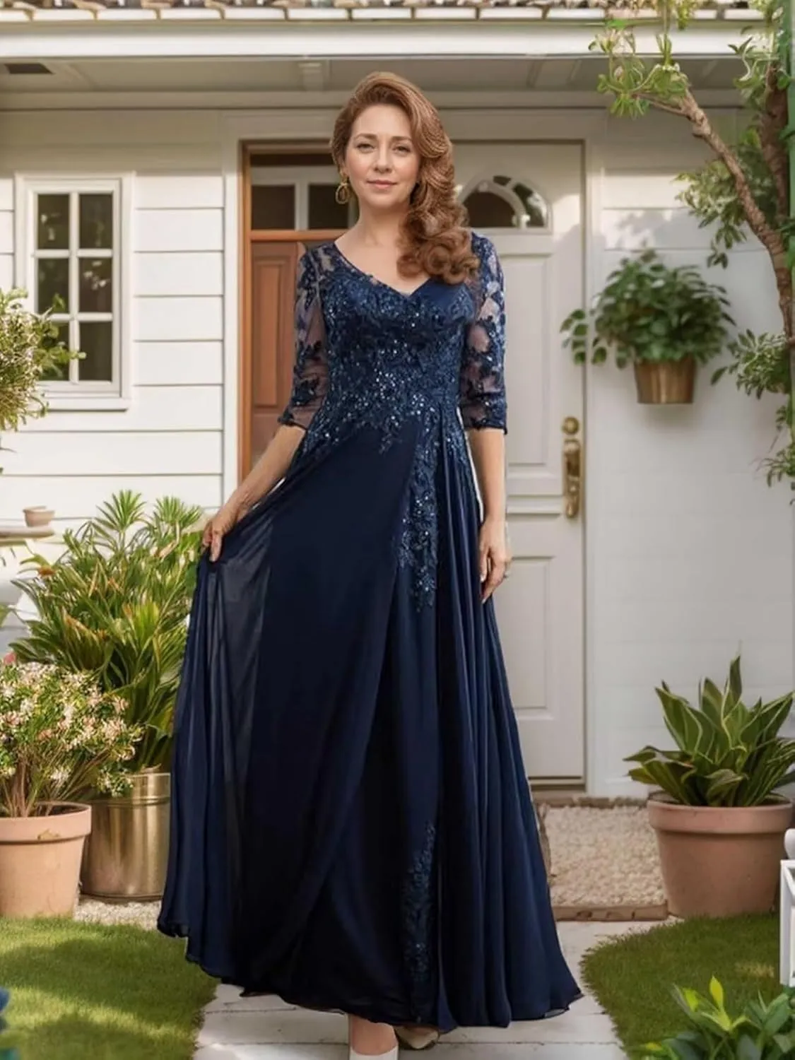 Chiffon Mother of The Bride Dress for Wedding V Neck Lace Applique 3/4 Sleeve Formal Evening Gowns