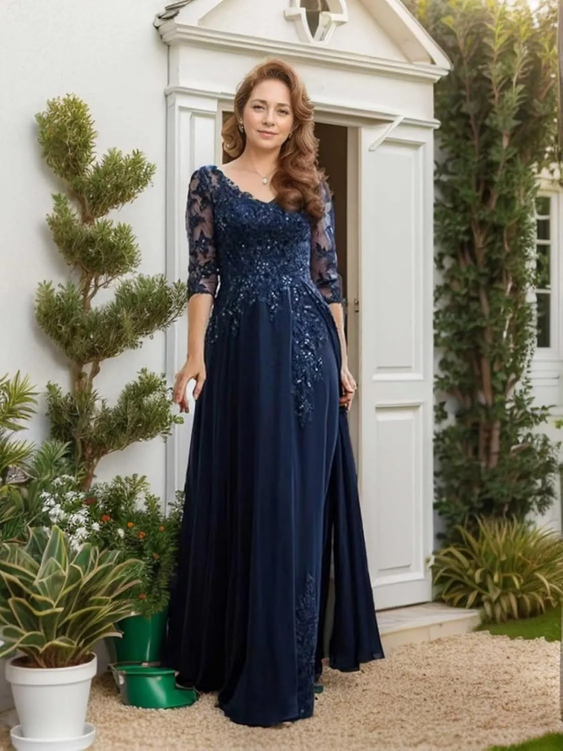 Chiffon Mother of The Bride Dress for Wedding V Neck Lace Applique 3/4 Sleeve Formal Evening Gowns