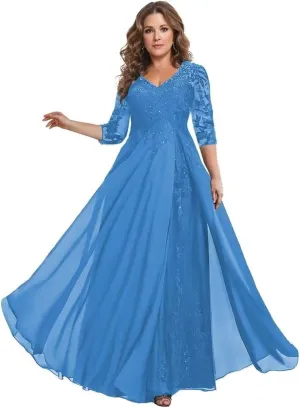 Chiffon Mother of The Bride Dress for Wedding V Neck Lace Applique 3/4 Sleeve Formal Evening Gowns