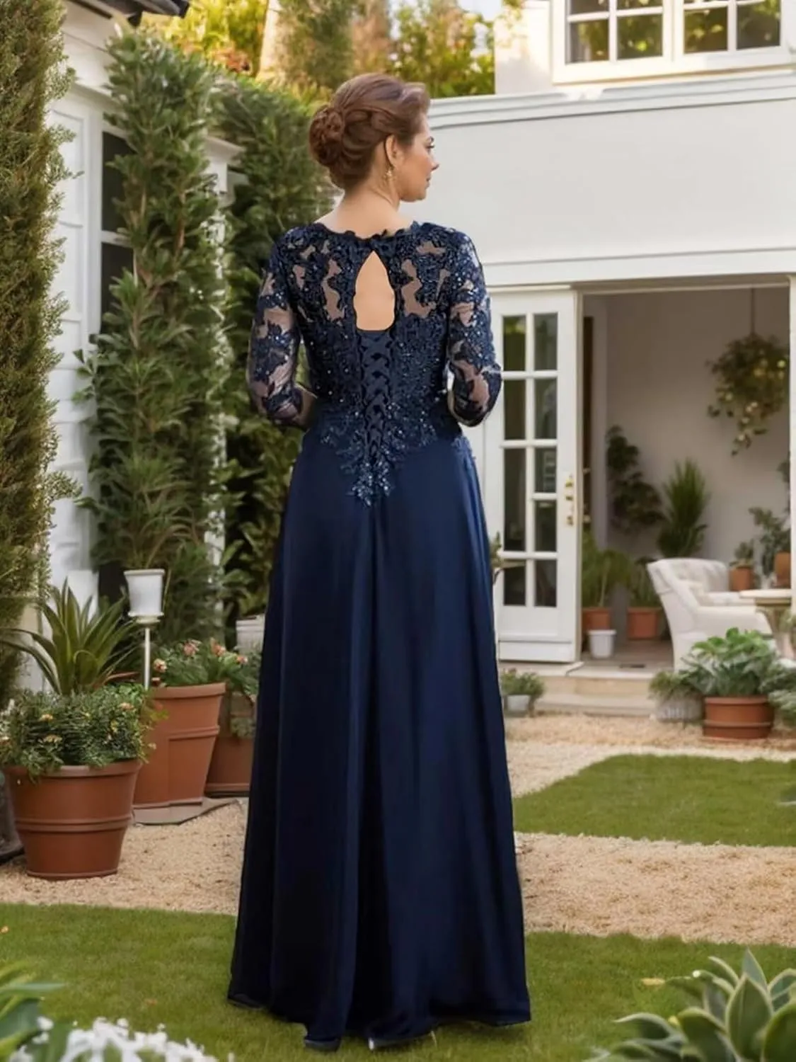 Chiffon Mother of The Bride Dress for Wedding V Neck Lace Applique 3/4 Sleeve Formal Evening Gowns