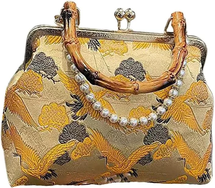 Chinese women's bamboo knot handbag, vintage embroidered pearl chain diagonal cross bag, banquet and wedding