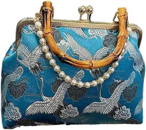 Chinese women's bamboo knot handbag, vintage embroidered pearl chain diagonal cross bag, banquet and wedding