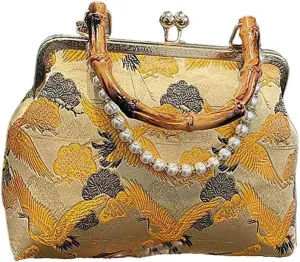 Chinese women's bamboo knot handbag, vintage embroidered pearl chain diagonal cross bag, banquet and wedding