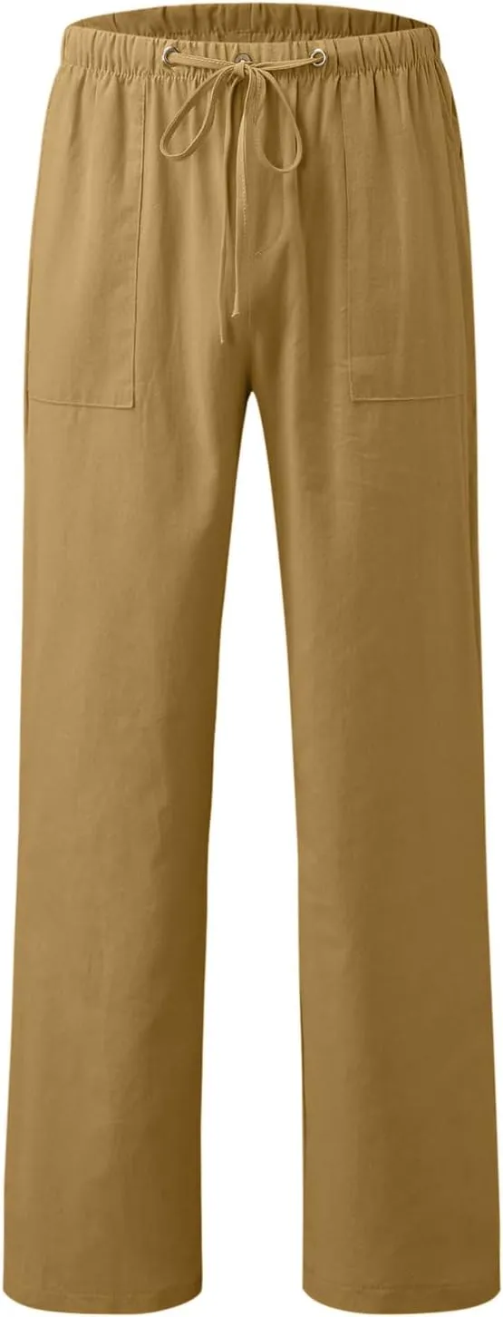 Classic Linen Pants for Men Loose Fit Wide Leg Drawstring Trousers Elastic Waist Summer Travel Beach Shorts with Pockets