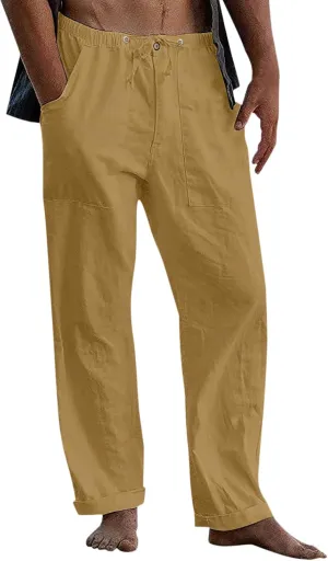 Classic Linen Pants for Men Loose Fit Wide Leg Drawstring Trousers Elastic Waist Summer Travel Beach Shorts with Pockets