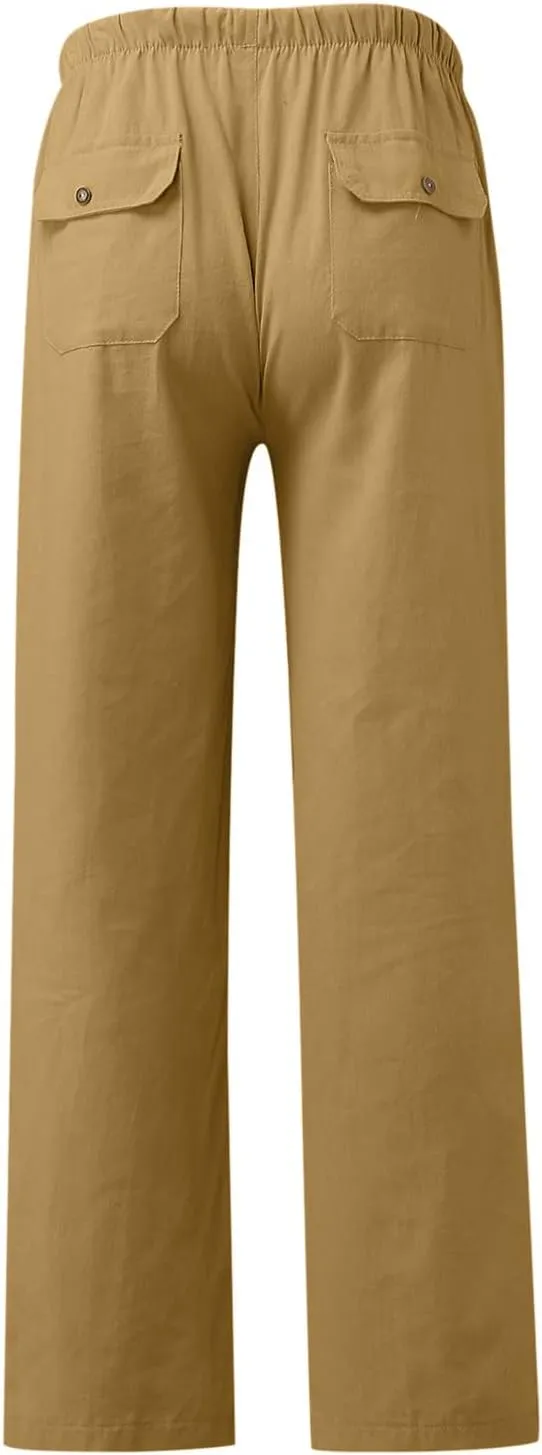 Classic Linen Pants for Men Loose Fit Wide Leg Drawstring Trousers Elastic Waist Summer Travel Beach Shorts with Pockets