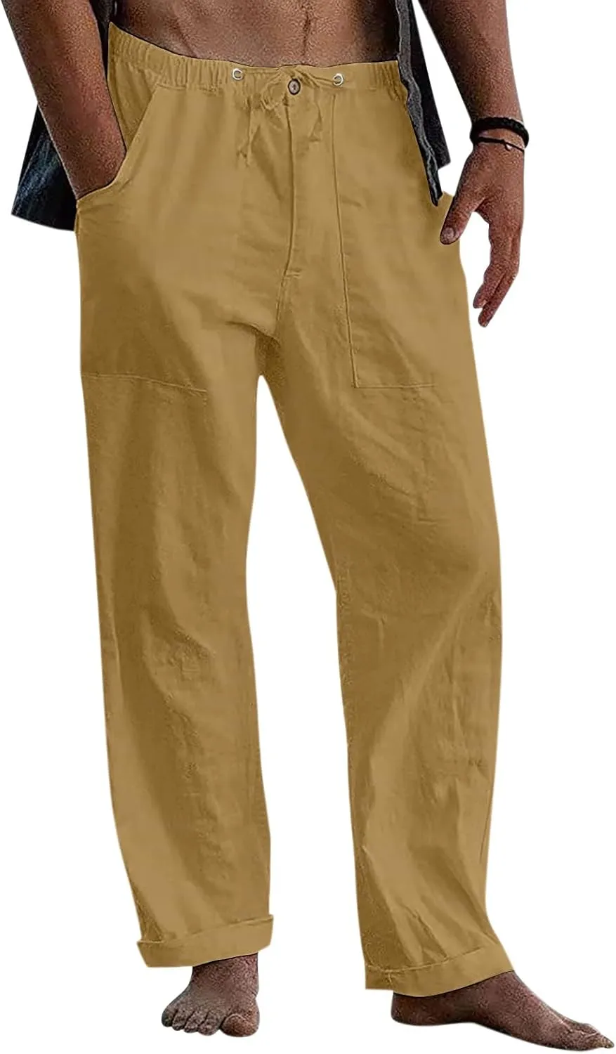 Classic Linen Pants for Men Loose Fit Wide Leg Drawstring Trousers Elastic Waist Summer Travel Beach Shorts with Pockets