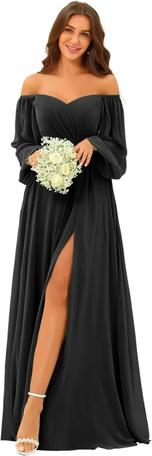 Clothfun Women's Long Puff Sleeve Bridesmaid Dresses Pleated A Line Chiffon Formal Party Dress with Slit CY140