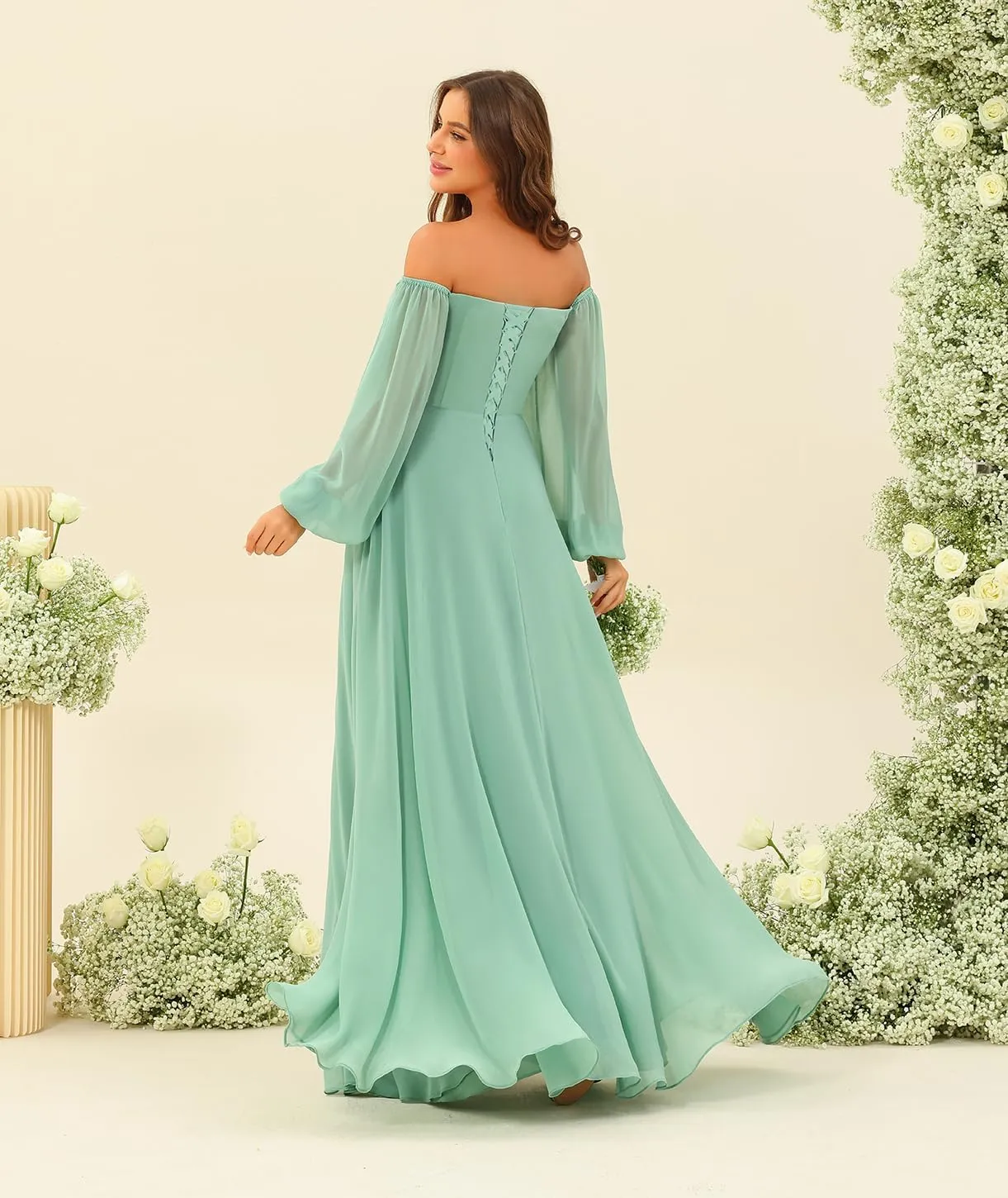 Clothfun Women's Long Puff Sleeve Bridesmaid Dresses Pleated A Line Chiffon Formal Party Dress with Slit CY140