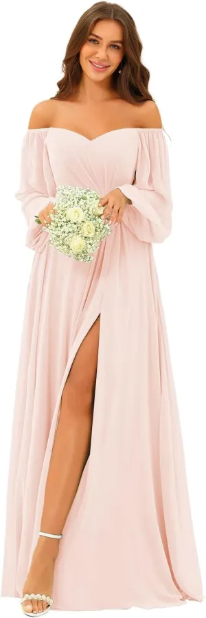 Clothfun Women's Long Puff Sleeve Bridesmaid Dresses Pleated A Line Chiffon Formal Party Dress with Slit CY140