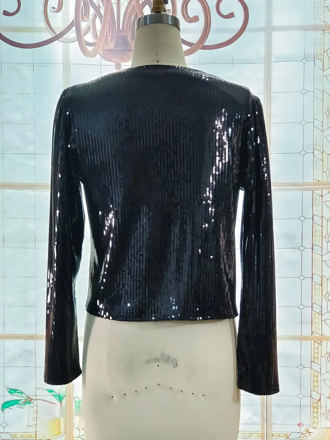 Cololura Women Casual Open Front Sequin Jackets Cardigan Glitter Long Sleeve Short Coats Crop Blazer