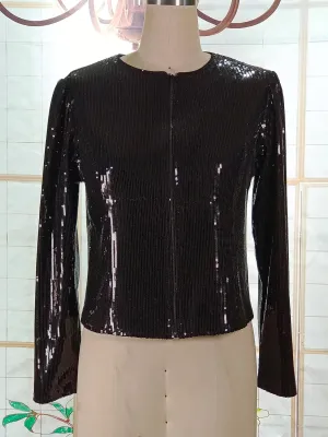 Cololura Women Casual Open Front Sequin Jackets Cardigan Glitter Long Sleeve Short Coats Crop Blazer