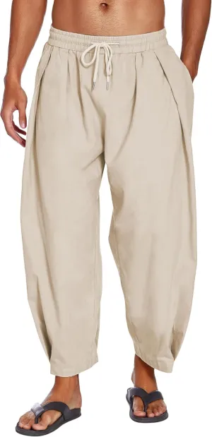 COOFANDY Men's Cotton Linen Harem Pants Drawstring Casual Cropped Trousers Lightweight Loose Beach Yoga Pants with Pockets
