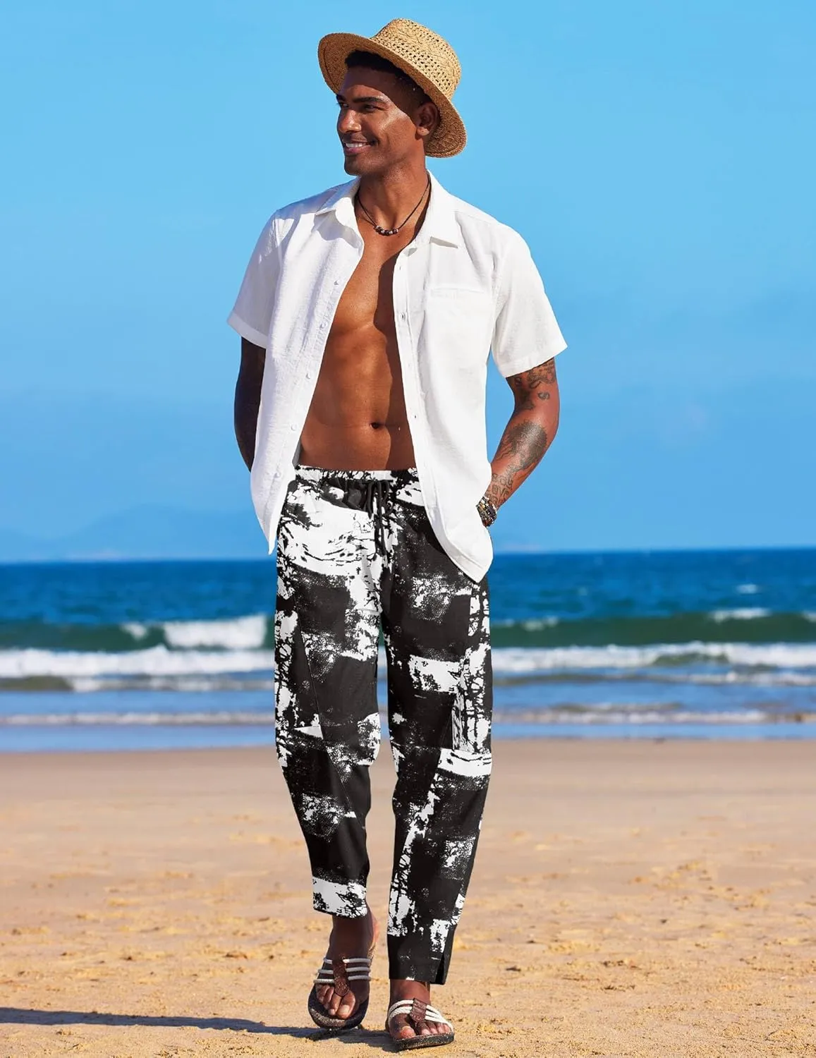 COOFANDY Men's Linen Harem Drawstring Pants Casual Elastic Waist Lightweight Trouser Hippie Summer Beach Yoga Pants