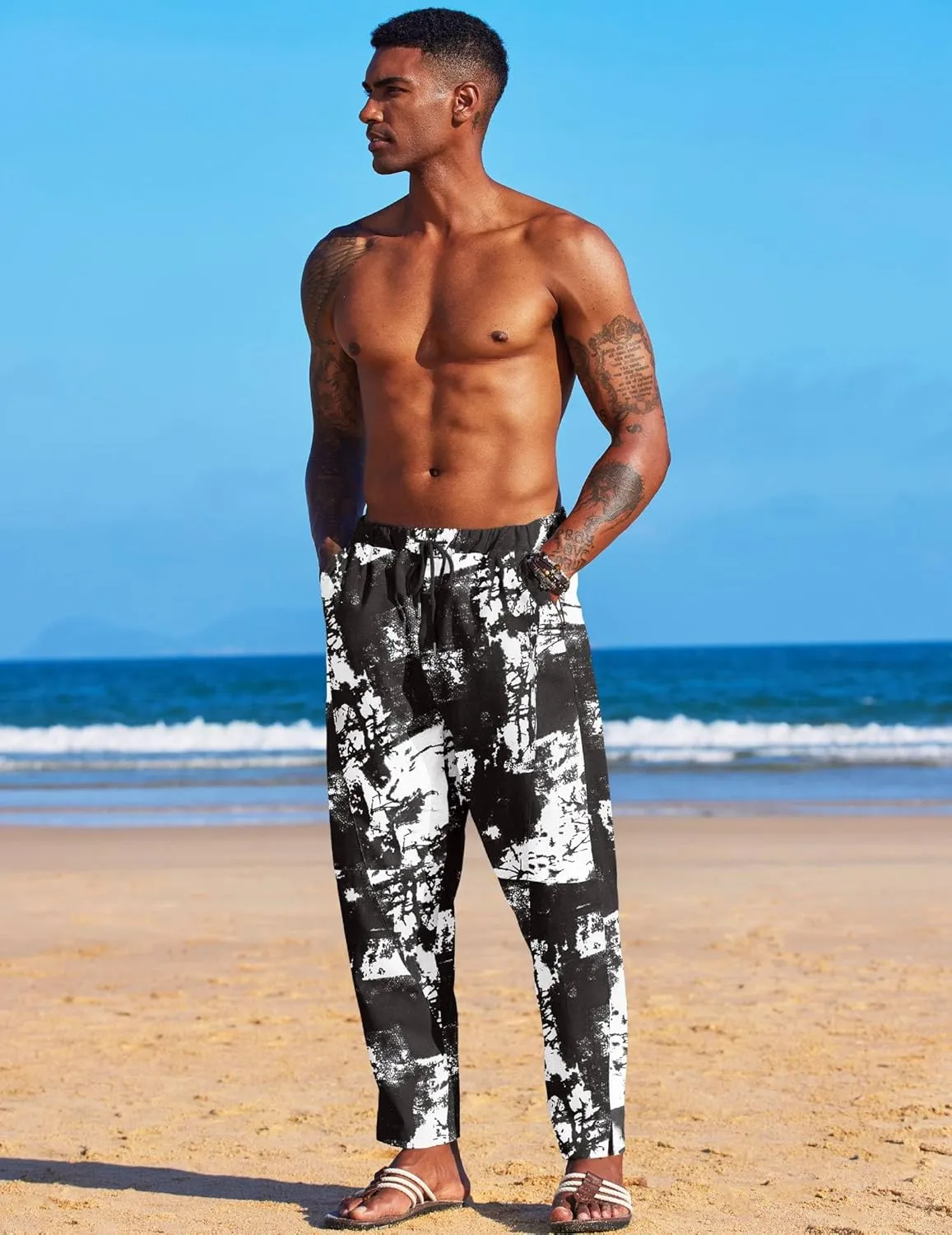 COOFANDY Men's Linen Harem Drawstring Pants Casual Elastic Waist Lightweight Trouser Hippie Summer Beach Yoga Pants