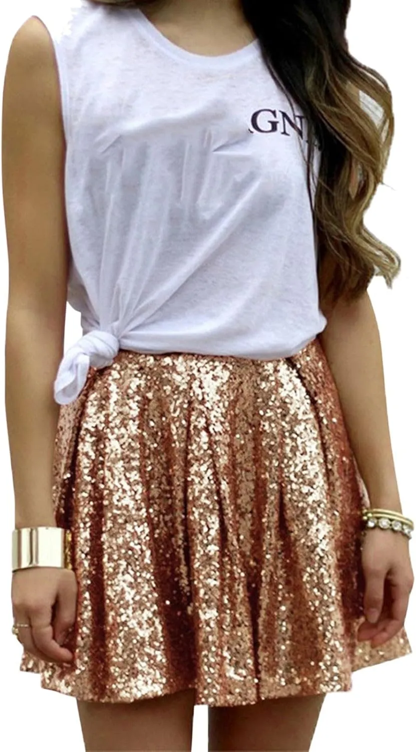 cooki Sequin Skirts for Women, Sexy Sparkly Mini Pleated Skirt Womens Glitter High Waist Short Skirt for Holiday Party